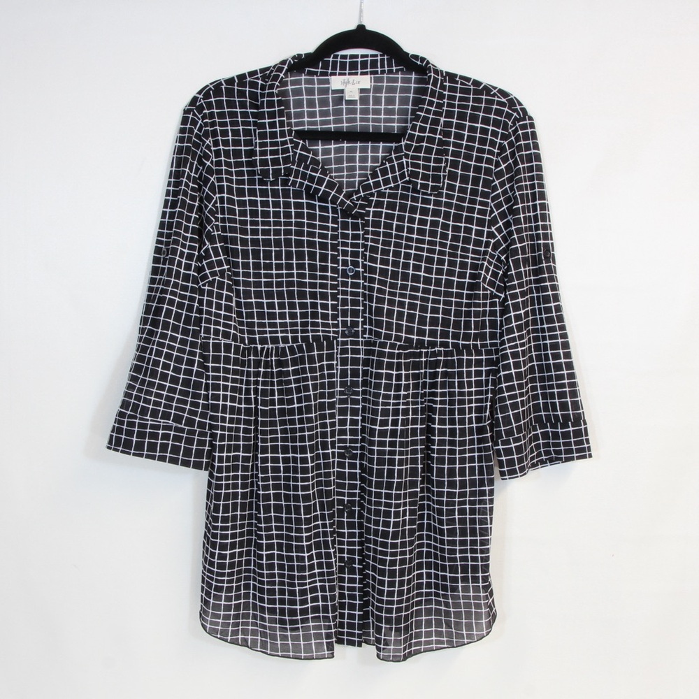 Style & Co Black White Square Print Button Up Long Sheer 3/4 Sleeve Tunic NWOT